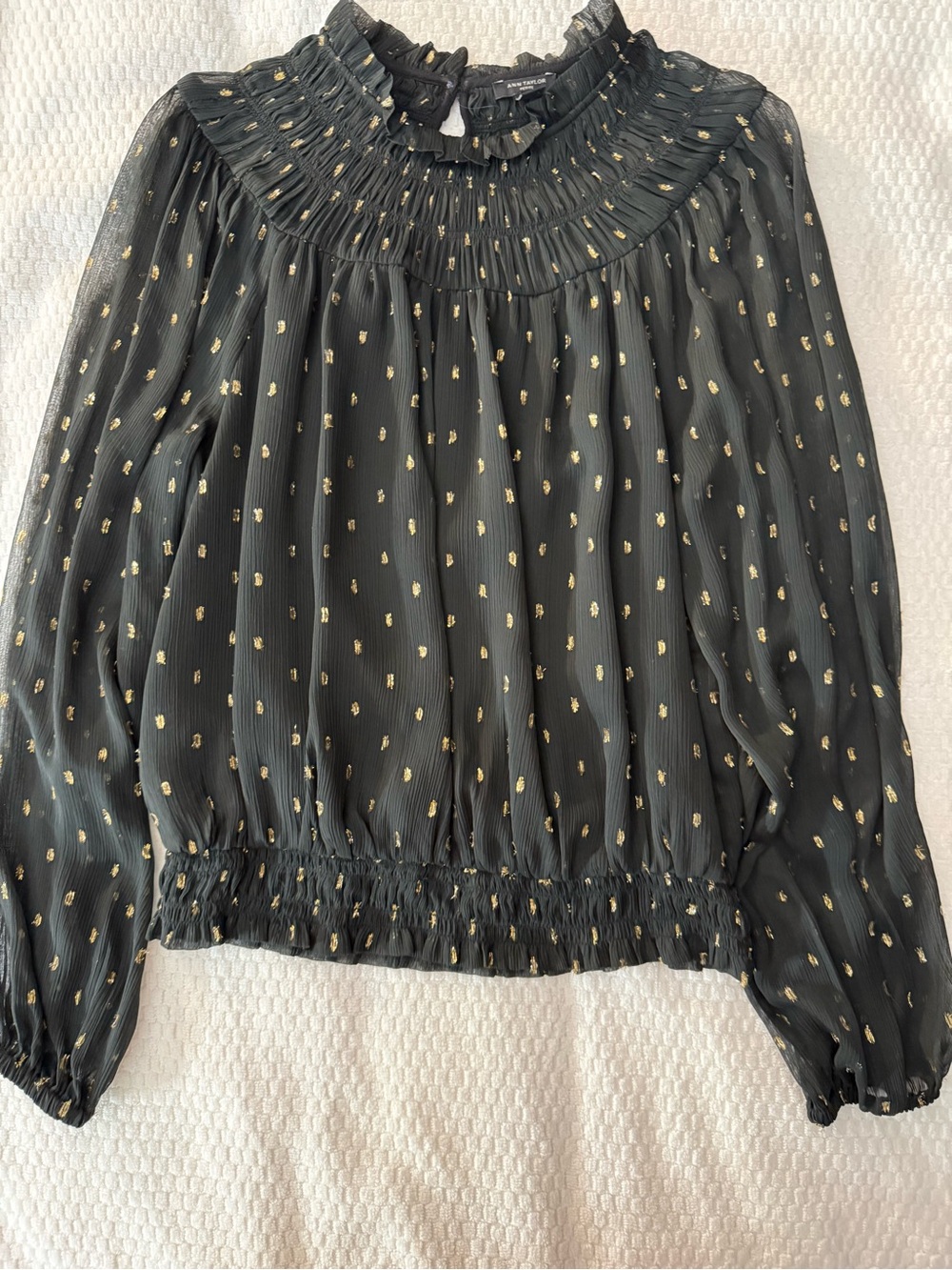 Ann Taylor Black Blouse with Gold Dot Smocking